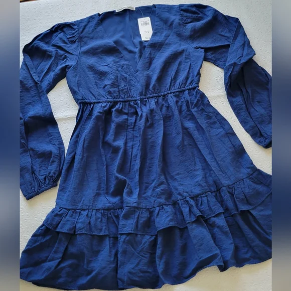 Abercrombie & Fitch blue long Sleeve baby doll ruffle mini dress size XS NWT - Picture 4 of 10